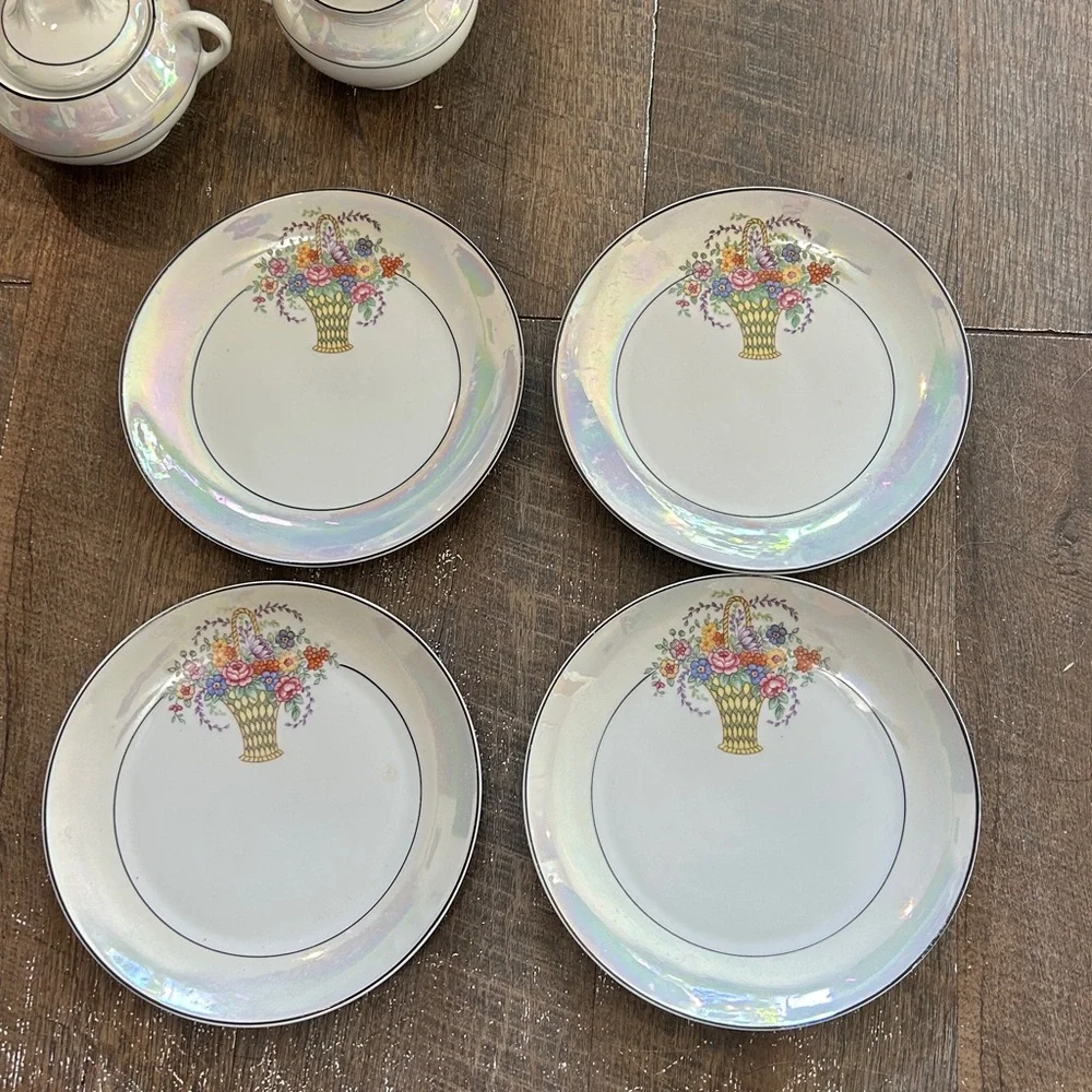 Z.S.C. Bavaria Iridescent Floral Porcelain Lunch Plates Tea Cups Saucers Sugar‎